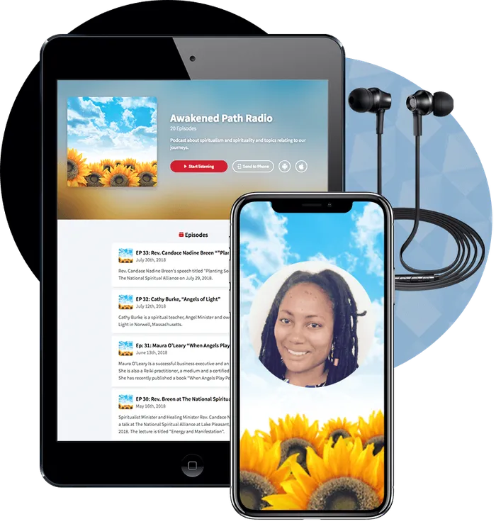 Candace’s podcast playing on a tablet and phone